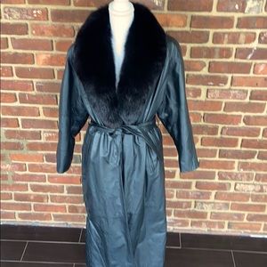 Vintage Full Length Leather Coat with Fox Collar